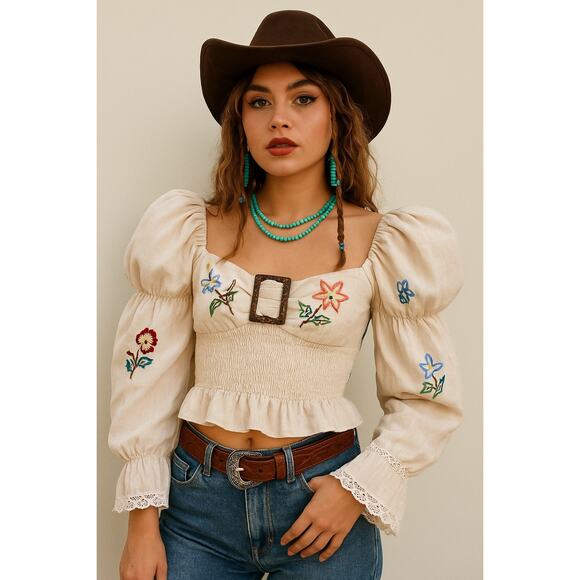 Vintage Obchoei Cropped Prairie Puff Shoulder Cottagecore Unique Top Shirt XS - Picture 1 of 12